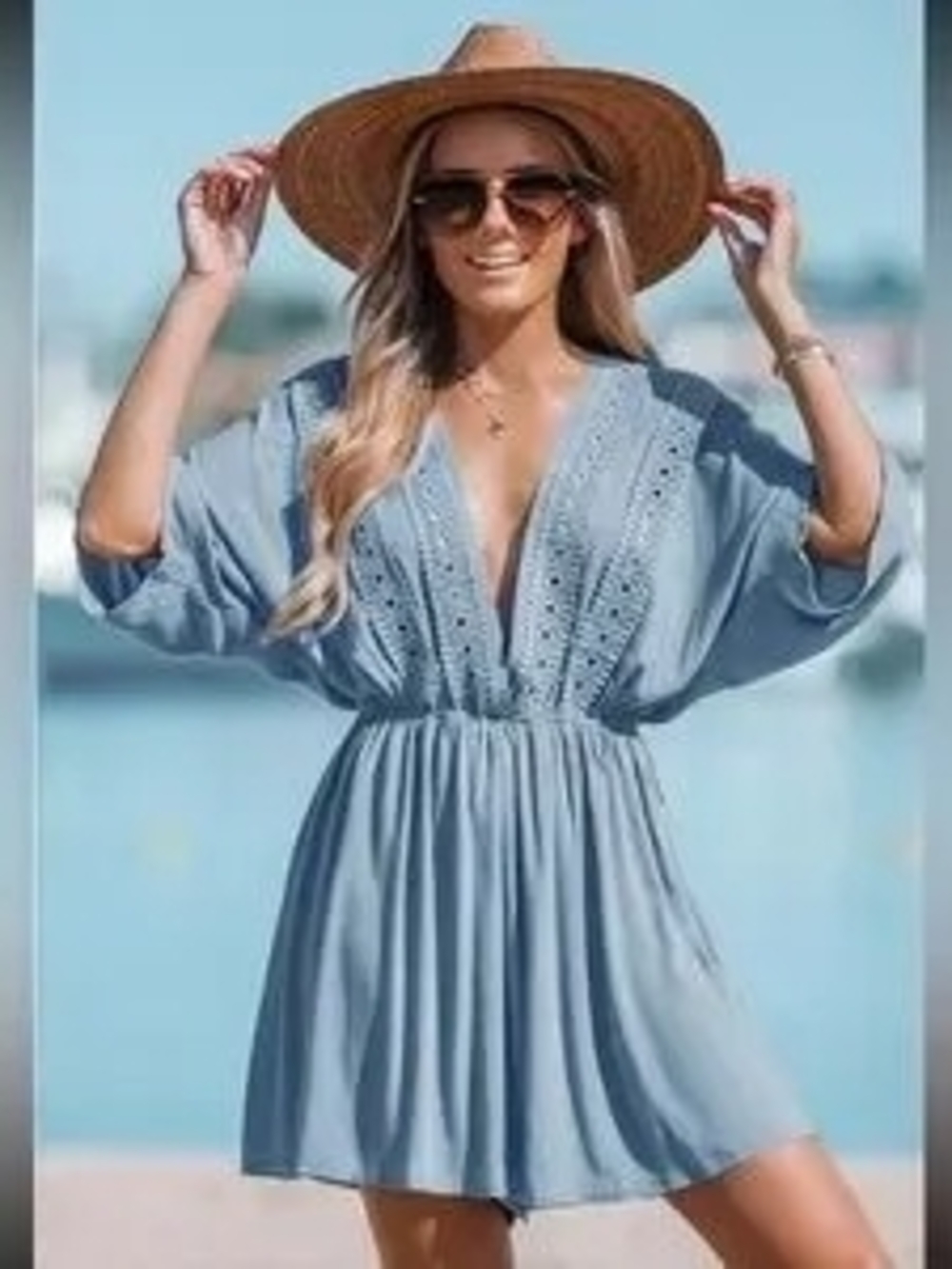 Light Blue V-Neck Eyelet Babydoll Dress